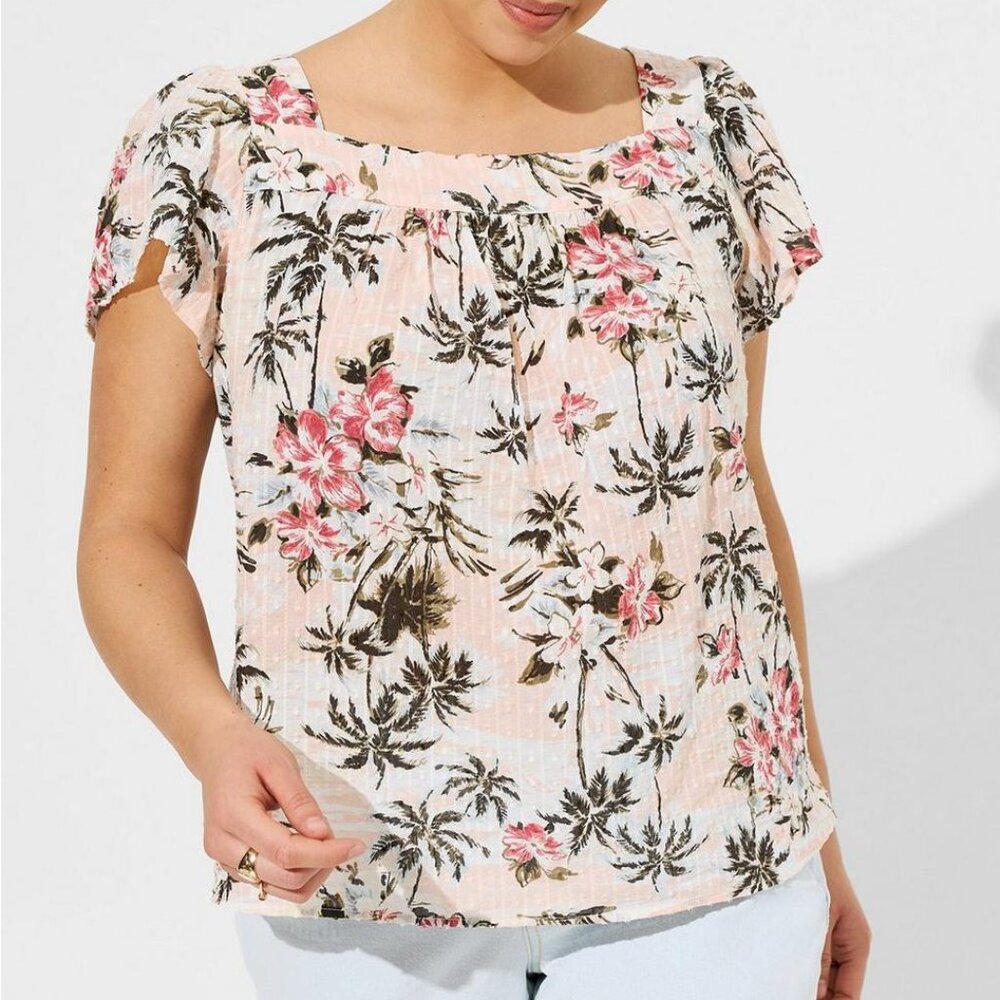 Torrid Clip Jacquard Square Neck Flutter Sleeve Top Sz 3 3X Tropical Palm Trees